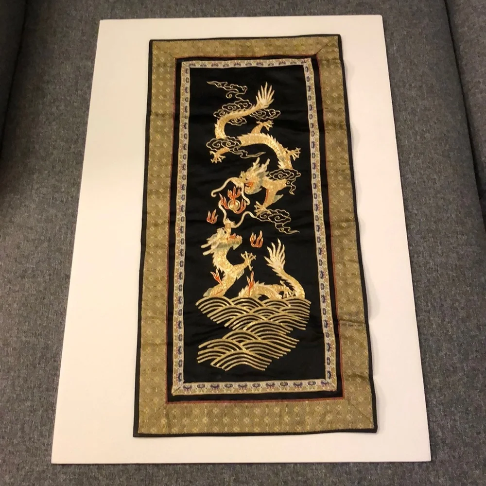 Embroidered Black and Gold Dragon Wall Hanging